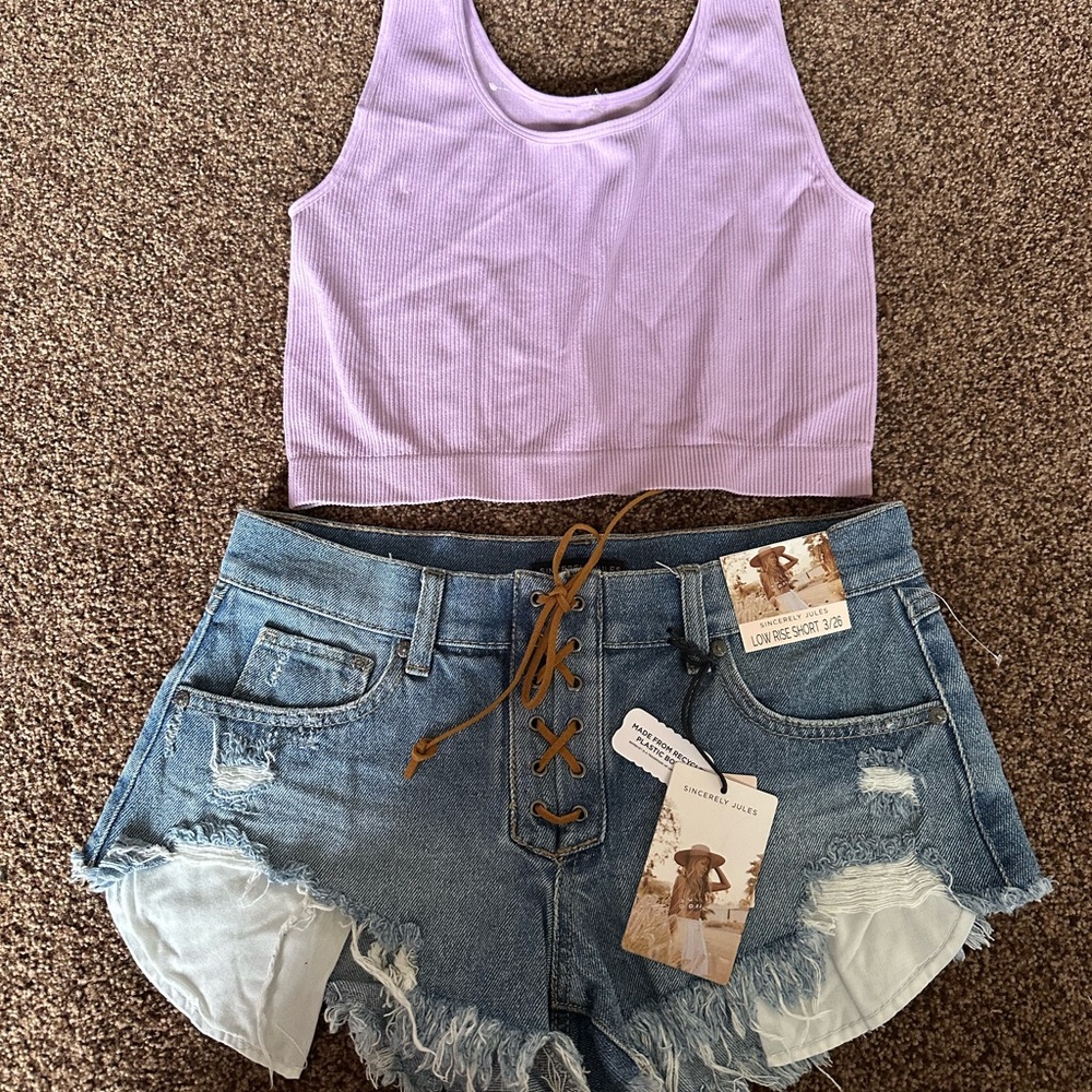 Sincerely Jules lace up detail denim shorts and Jo & Co Lilac Crop Tank Top